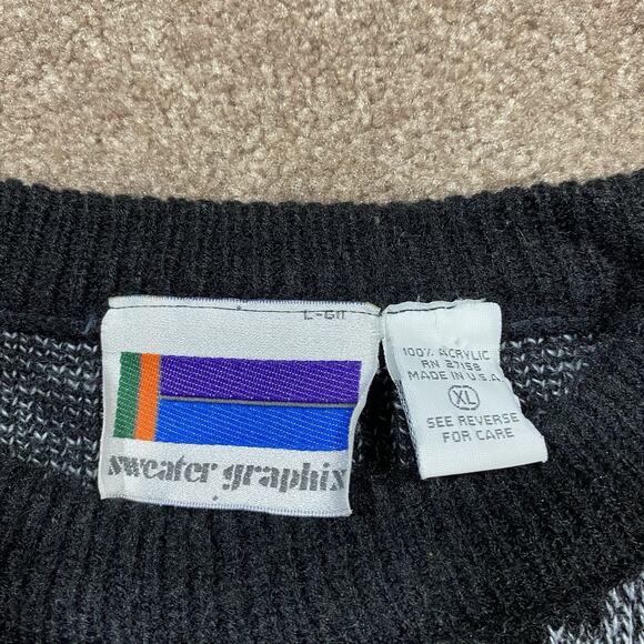 VTG Sweater Graphix Geometric Knit Sweater XL Made USA 80s 90s Blue Black - Picture 4 of 9